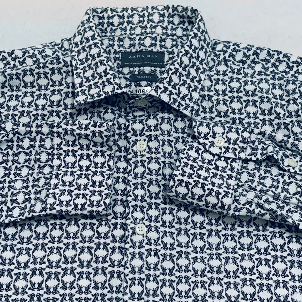 Zara Man Men's Slim Fit Long Sleeve Button Up Shirt Geometric Black White Size M